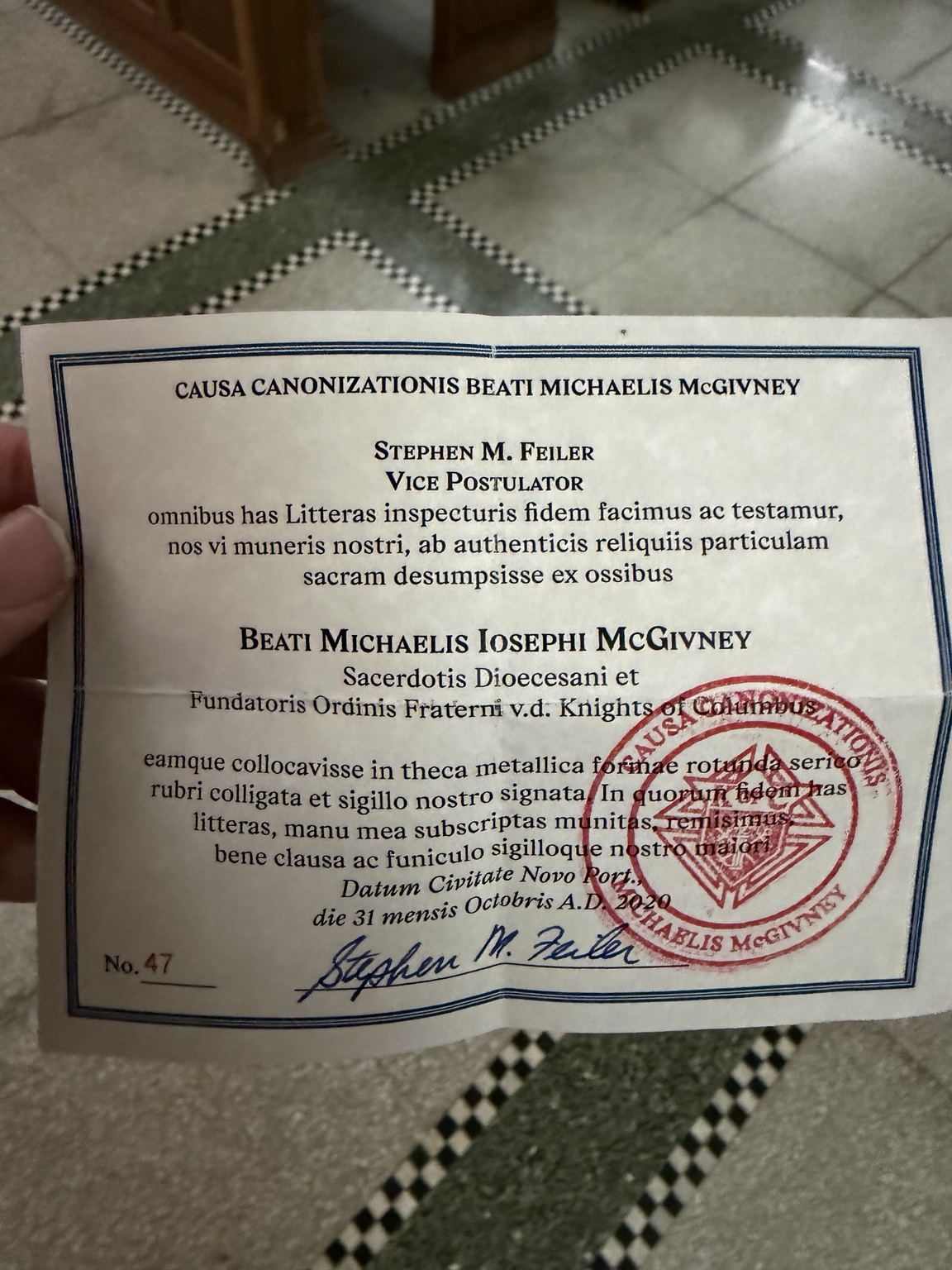 Certificate of authenticity accompanying the First Class Relic of Blessed Michael J. McGivney.